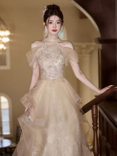 Champagne halterneck tassel evening dress for host adult ceremony, light wedding dress, high-end dressing gown, female bride's toast dress, engagement dress, champagne color XS