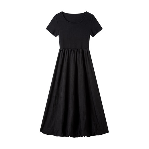 Vanciman Slim U-Leck Robe à manches courtes en été Nouveau French Slim Hepburn Style Long Black XL