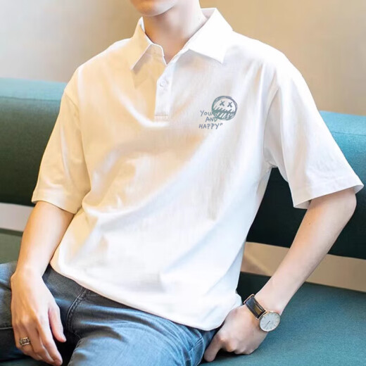 美式复古男士polo衫短袖宽松百搭翻领体恤2025夏季纯棉半袖上衣服 3895-wasp白色 M  85-110斤