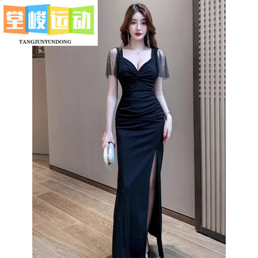 堂峻夜总会性感连衣裙低胸气质ktv晚礼服长款足浴桑拿技师沐足工作服 3883黑色 S 建议85-95斤