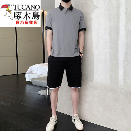 啄木鸟（TUCANO）休闲套装男士夏季短袖t恤polo衫短裤冰丝潮牌棉质帅气百搭上衣服 黑色9863（一套） XL