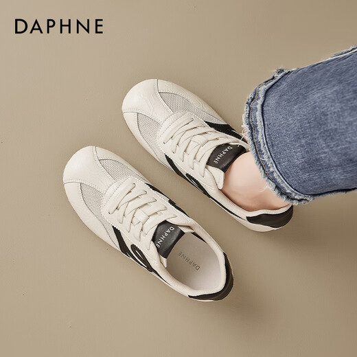 达芙妮（DAPHNE）复古德训鞋女2025新款夏季薄款网面透气小白鞋内增高百搭休闲板鞋 米黑色-透气网面 37