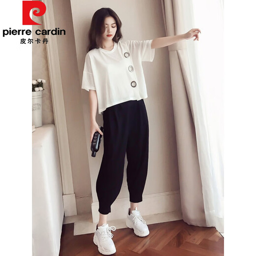 Pierre cardin large size women's fat mm harem pants set 2025 spring and summer new fashionable slimming belly sports and casual two-piece set white <9928> XL <suggested 117-130>