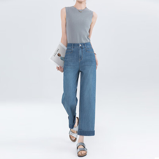 Tennis nine-point straight jeans for women in summer new casual pants, small loose and slim high waist wide-leg pants blue thin 2XL