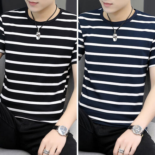 Liyunhouse 3519 Menschen sammeln Frühlings- und Sommer neue koreanische Streifenjungen kurzärmeliges T-Shirt für mittlere und junge Menschen rund Hals Caom Casual Base Two-Tiefe Striped Blue + Striped White M.