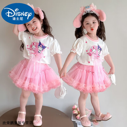 Disney Baby Kinderanzug kleines Mädchen Sommer Melodie Kurzärärmelte Tutu-Rock Mode 2025 Neuer Prinzessinrock Zweiköpfige Pink-Zweiteil-Set [kurzärmelig + Rock] ohne Tasche 140 Empfohlen 130-140 cm 5-6 Jahre alt
