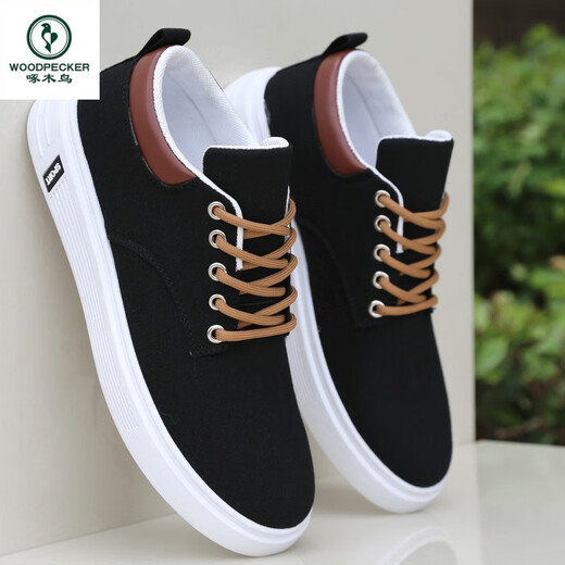 Woodpecker Old Beijing Cloth Shoes Men's Summer Versatile Shoes Men's Sports Casual Shoes Soft Sole Breathable Canvas Shoes Men's Single Shoes Z-898 Black (Flat Bottom) 38
