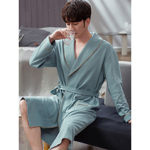 Fengxi Waffle Bathroom Men's Spring and Autumn Pure Cotton Medium-length Men's Nightgown 2025 New Water-absorbing Integrated Yukata LJ16822 M Size [Weight 100-120Jin [Jin equals 0.5 kg]]