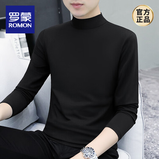 ROMON pure cotton autumn and winter half turtleneck bottoming shirt men's slim fit inner long-sleeved T-shirt mid-collar men's autumn coat outer wear YPT192 black half turtleneck 2XL recommended 145-160Jin Jin equals 0.5 kg