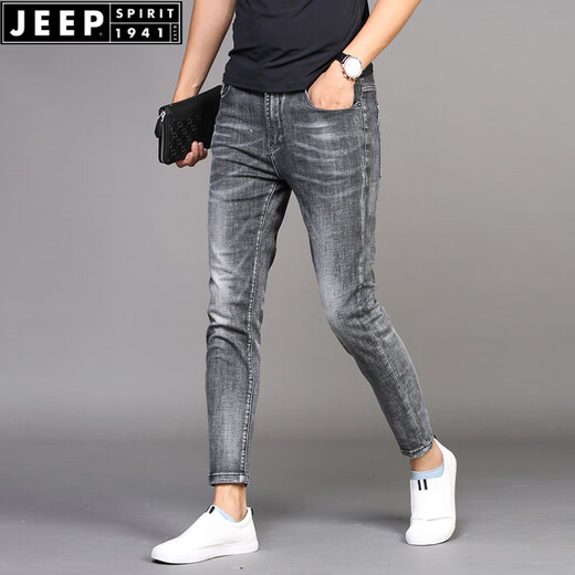 JEEP SPIRIT Summer Cropped Jeans Men's Slim Feet 2025 New Smoke Gray Casual Stretch Men's Pants Thin 1049 Cropped Pants Gray Thin 28 2 feet 195-110Jin [Jin equals 0.5 kg]