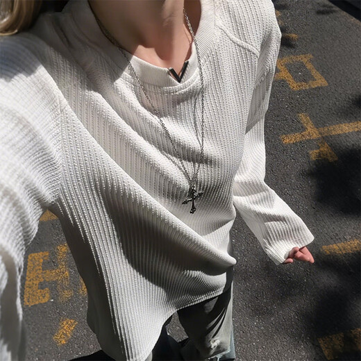 SWAMP AREA Henry collar long-sleeved men's spring and autumn waffle t-shirt men's casual long-sleeved top SWT614 white 2XL