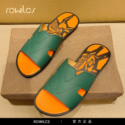 rowilcs品牌高档牛皮男夏季外穿一字拖2025休闲款超火舒适时尚男士凉拖鞋 绿色 38