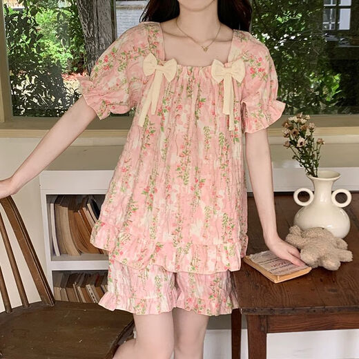 Bei Yifu-Pyjamas mit Brustpolster für Frauen für Sommershorts, Cloud Cotton Internet Promi dünne süße süße Cartoon-Heimkleidung Set ZZ9902-2#Little Red Flower XL