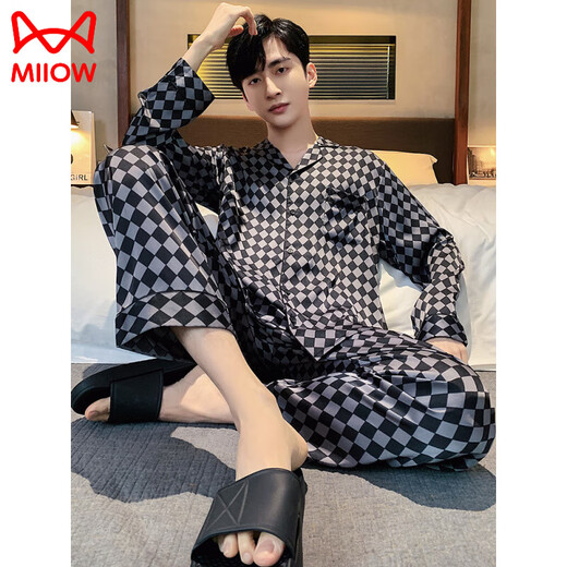 Catman (Miiow) Pajamas masculin Spring and Automne Ice Silk Silk à manches longues Suit Men's Summer 2025 NOUVELLES Vêtements à domicile 6626 Straight Men's Style XL (125-150jin [Jin est égal à 0,5 kg]))