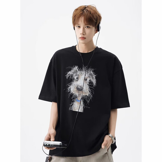 Poum Herren Sommer Personalisierte gedruckte gedruckte kurzärmelige T-Shirt Trendy Marke Einfache und vielseitige modische lockere lässige runde Hals-Top CQS-1480 Black XL