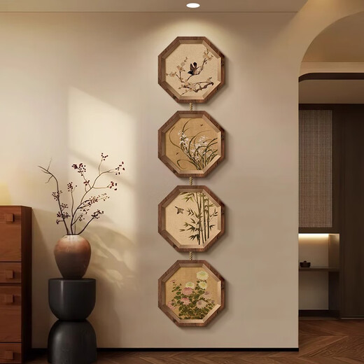 Yujianer Song Dynasty Aesthetic TV Background Wall Painting High-end Porch Decorative Painting Living Room Entrance Door Combination Mural A-Plum, Orchid, Bamboo and Chrysanthemum 30*30/30*30/30*30/30*30cm Creative Art (UV Carving + Crystal Porcelain Craft + Hemp Rope)