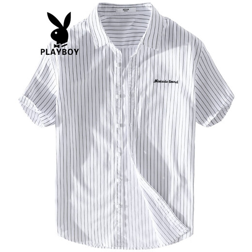 花花公子（PLAYBOY）夏季纯棉日系新款休闲短袖衬衫条纹免烫帅气男士衬衣服 9738黑条纹 3XL 160斤左右