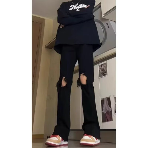 迪伽达美式复古vibe裤子高街潮牌纯色破洞牛仔裤男款夏季百搭修身微喇裤 DFFS-723黑色 XL