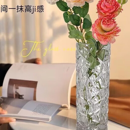 Light luxury glass vase transparent water-raised flowers rich bamboo ins style flower arrangement vessel living room desktop decoration ornaments large transparent ice pattern 24.5cm