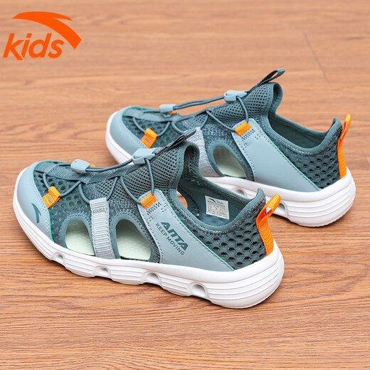 Anta-Kinder Sandalen Jungenjungen Atmungsmaschinenjungen Baby Bump-Proof- und Kick-Loch-Schuhe Jungen Strandschuhe verfolgen die Streamschuhe Salbei Grün/Fisch Grün 36