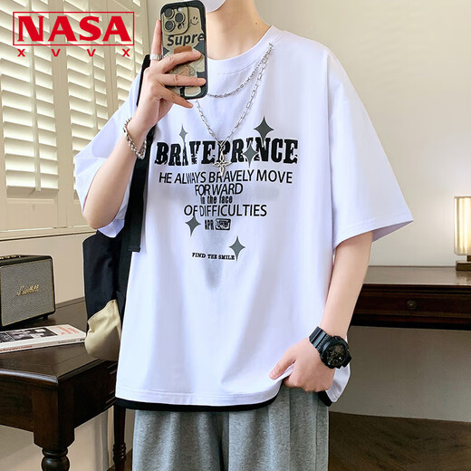 NASA XVVX American necklace short-sleeved T-shirt for men's youth summer fashion brand loose half-sleeved cotton boy's handsome casual top 692 burgundy 2XL (about 130~145 Jin [Jin equals 0.5 kg] can be worn)
