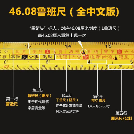 46.08 Forbidden City Collection Authentic Traditional Guru Ban Ruler Self-locking Old Model Yin Yang Ruler 4608 Light Feng Shui Ruler 46.08 Forbidden City Version Lu Ban Ruler 10 Meters Chinese Version Self-locking Authentic Traditional Guru Ban Ruler Recommended by Feng Shui Masters