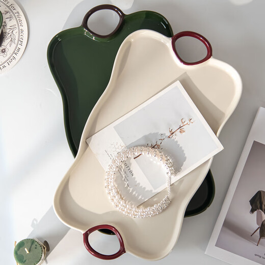 SUCCOHOMEWARE retro cream style ceramic binaural tray dinner plate tea tray household cup and saucer drain tray living room desktop storage tray green-ceramic tray