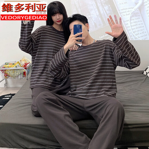 Victoria's style couple pajamas for spring and autumn new long-sleeved cotton men and women casual striped home clothes two-piece set #XF-15568 M women [75-100]Jin[Jin equals 0.5 kg]