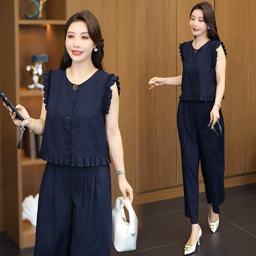 
Xin Yimei suit women's two-piece set 2025 summer new style slimming and age-reducing black ear vest wide-leg pants temperament set Navy blue XL [115-125Jin [Jin equals 0.5 kg]]