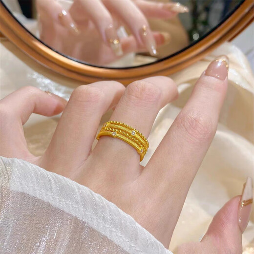 Dewey Van gold-plated silver dot diamond ring for women, three-layer winding design, row of diamonds, exquisite temperament, a gift for your girlfriend, adjustable opening (thickened gold layer)