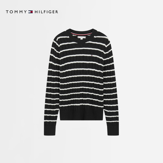 TOMMY HILFIGER [Circh Texture] 25 new autumn and winter women's striped sweater solid color round neck knitted cardigan [Striped Circh] Black and white striped BDS XS (recommended: 100 Jin [Jin equals 0.5 kg] or less)