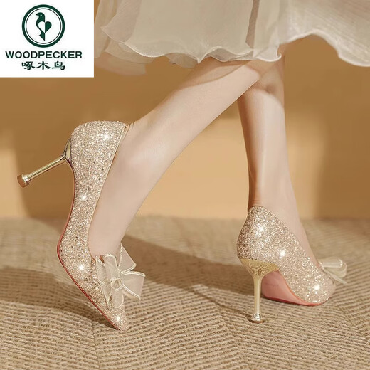 Woodpecker Champagne Couleur Chaussures de mariage pour femmes robe de mariée hexiu chaussures de mariée à deux usines talons talons sans pied fatigués