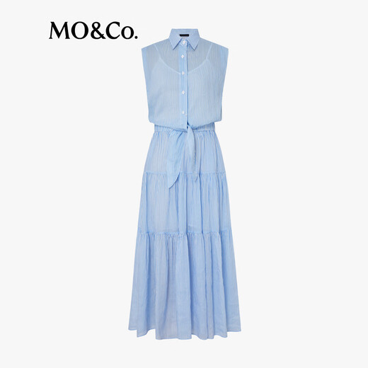 MO&Co.连衣裙高腰绑带苎麻翻领立体宽肩衬衫长裙蓝白条纹摩安珂 蓝白条色 XS 155