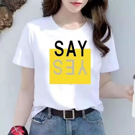 Kurzärärmelte T-Shirt für Frauen Einfache Sommersportarten Lose großer Frauenkleidung regulärer runder Nackendruck weiße koreanische Version kurzärmelig 9928 M 85-95jin [Jin entspricht 0,5 kg]