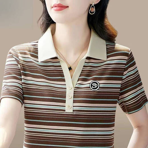 Pier Cardin 2025 Neues Eis Seidenfaden Polo Großgröße Sommer Mode kurzärmelige T-Shirt Ice Seiden Mutter Revers Streifen High-End Pure Cotton Ice Seide Trendy Sun Protection Polo Shirt-9926 Pulver M 85-100jin [Jin gleich 0,5 kg] Kurzarm T-Shirt für Frauen 2025 neue neue neue