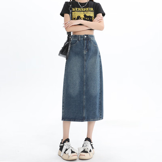 真维斯牛仔半身裙女2025夏季新款高腰显瘦开叉a字中长款复古包臀裙子女 3878复古蓝 M