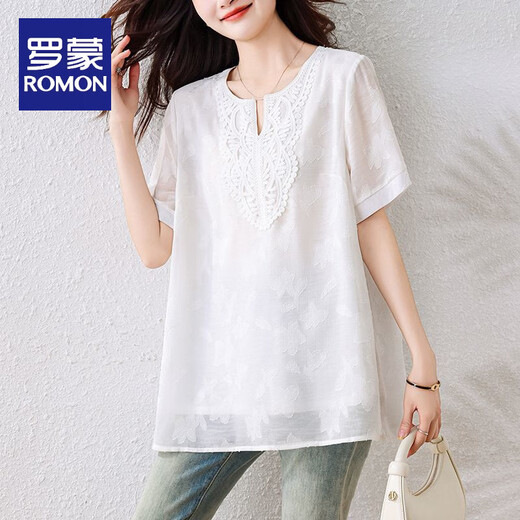 Romon (Romon) 2025 Sommer Neues cooles und atmungsaktives Chiffon-Hemd für Frauen im Sommer Frauen loser Jacquard Lace Spleißen T-Shirt Bildfarbe [Folgen Sie dem Geschäft und geben Sie dem Versand Priorität] L empfohlen 90-110jin [Jin gleich 0,5 kg]