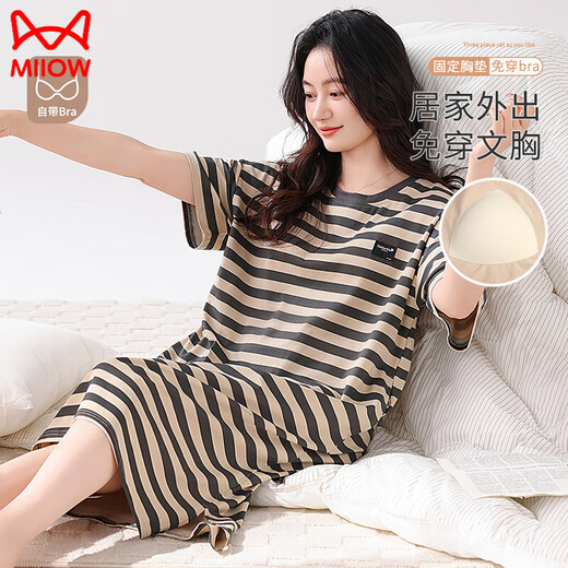 猫人（MiiOW）2025新款带胸垫睡裙女款夏季纯棉短袖薄款条纹中长款睡衣家居服裙 无胸垫14101 M 160建议体重80-100斤左右