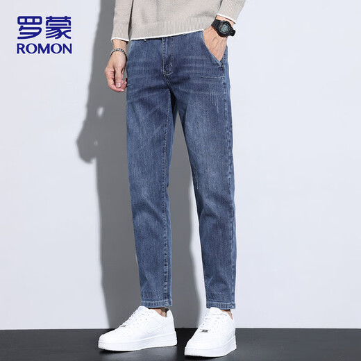 罗蒙（ROMON）牛仔裤男秋冬季休闲裤男士修身小脚百搭九分裤子男裤 蓝灰色 32