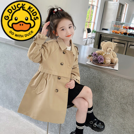 G.DUCKKIDS girls' windbreaker jacket autumn 2025 new fashionable and fashionable British mid-length children's little girl autumn coat khaki-double-breasted windbreaker 90 cm recommended height 80-90cm2-3 years old