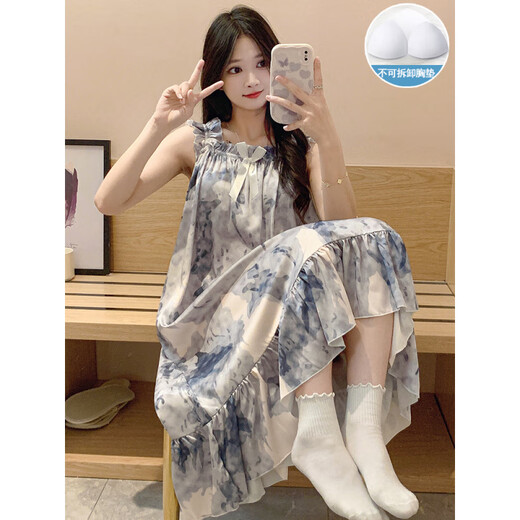 康多蜜冰丝睡衣女夏季薄款加长款吊带睡裙绸带胸垫士夏天水墨画感家居服 SSM-3887[自带胸垫] M [75-100斤]