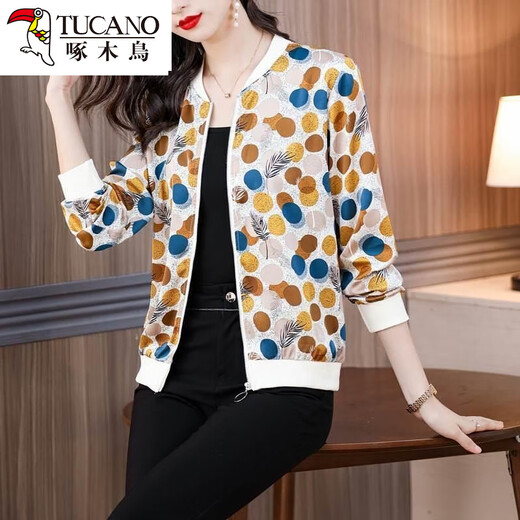
Woodpecker beautiful top mother suit spring and summer chiffon sunscreen clothes for women with fashionable polka dot printed zipper cardigan baseball uniform 8043 colors 4XL