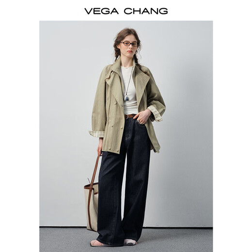 VEGA CHANG windbreaker for women petite 2026 new spring double-breasted striped splicing loose coat fog khaki M