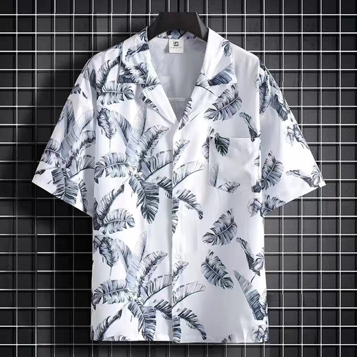 沙滩衬衫男夏季休闲三亚旅行穿搭衣服海边度假男装大码短袖花衬衫 2575白色 2XL