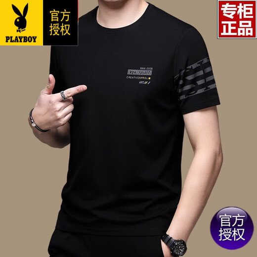 Playboy (PLAYBOY) Paul brand short-sleeved T-shirt men's pure cotton round neck summer black half-sleeved mercerized cotton bottoming T-shirt for young and middle-aged people T-shirt black 733 models M 165 suitable (90-115Jin Jin equals 0.5 kg)