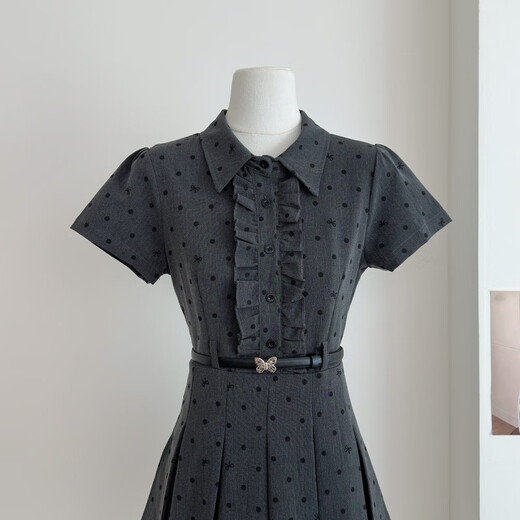 
Chang Luzhu's small age-reducing gray polka dot dress for women's summer new style slimming waist-hugging puff sleeves gentle pleated short G3882#[version-good fabric] S