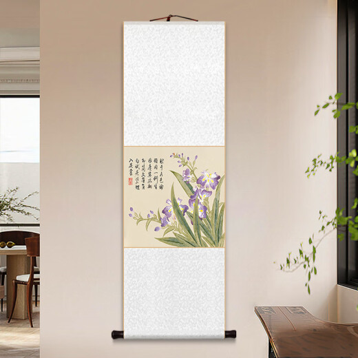 承琉董诰春景花卉册卷轴挂画新中式牡丹茶花装饰画客厅书房茶室玄关画 11980款：蝴蝶兰 整体尺寸：53*138cm蓝闪金锦绫+新款
