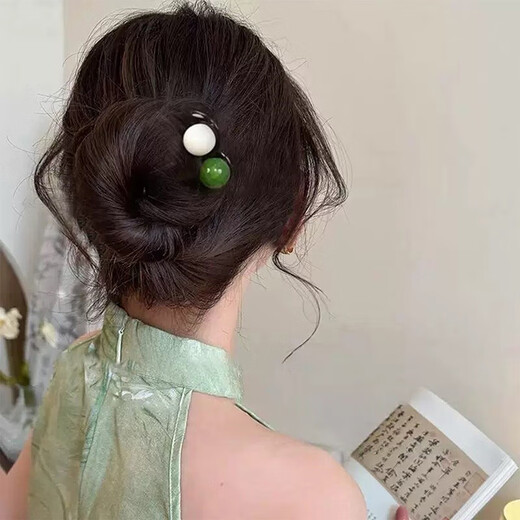 Koti high-end three-tooth beaded U-shaped hairpin for daily commuting, ball head hairpin, hairpin on the back of the head, fixed hairpin, beige green