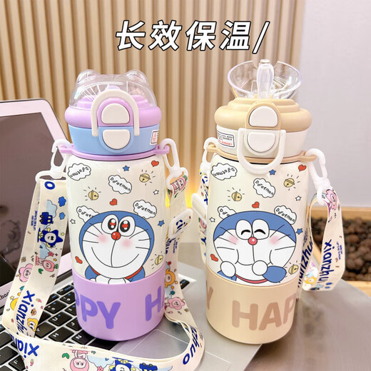Sanrio stainless steel children's thermos cup new elementary school shoulder strap straw water cup outdoor with lid large capacity ETB679 Doraemon 500ml 500ML-[coffee]-painted printing-long-term protection