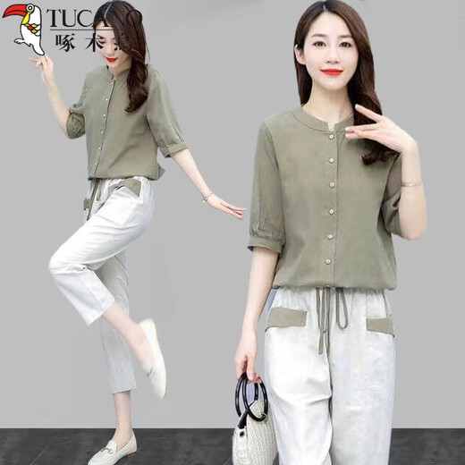 啄木鸟小个子棉麻休闲套装女2025新款夏季女装洋气时尚时髦短袖两件套潮 军绿色【裤子】单件 M 【建议80-95斤